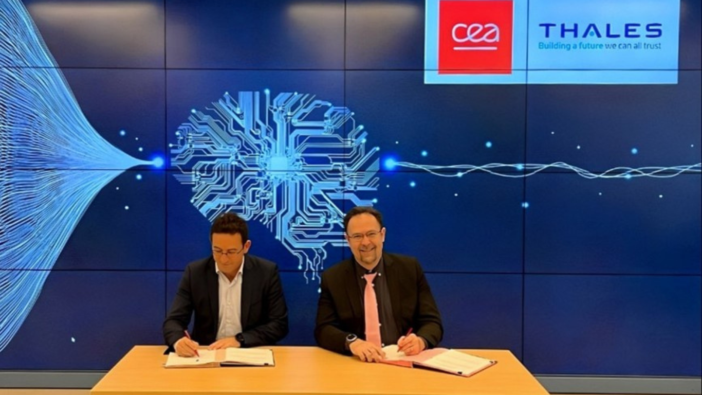 Alexandre Bounouh, Director of the CEA-List Institute, specialising in smart digital systems, and Bertrand Tavernier, CTO for Thales’s Secure Communications and Information Systems business, at the signing of the partnership agreement on 30 April 2024 in Palaiseau, France.