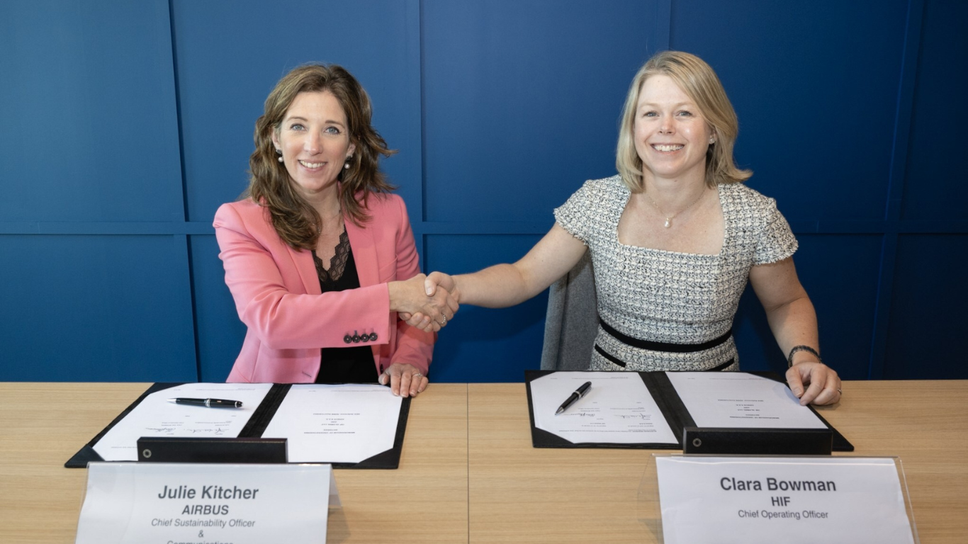Julie Kitcher, Chief Sustainability Officer and Communications at Airbus, and Clara Bowman, Chief Operating Officer of HIF Global.