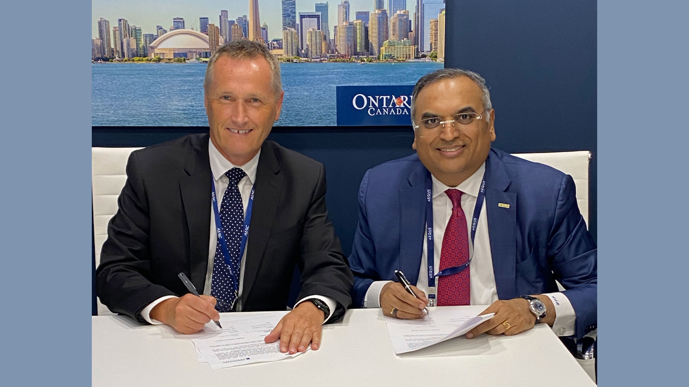 Phillip Underwood, President and CEO, Magellan Aerospace and Aravind Melligeri, Chairman and CEO, Aequs signing MOU at Farnborough International Airshow 2024