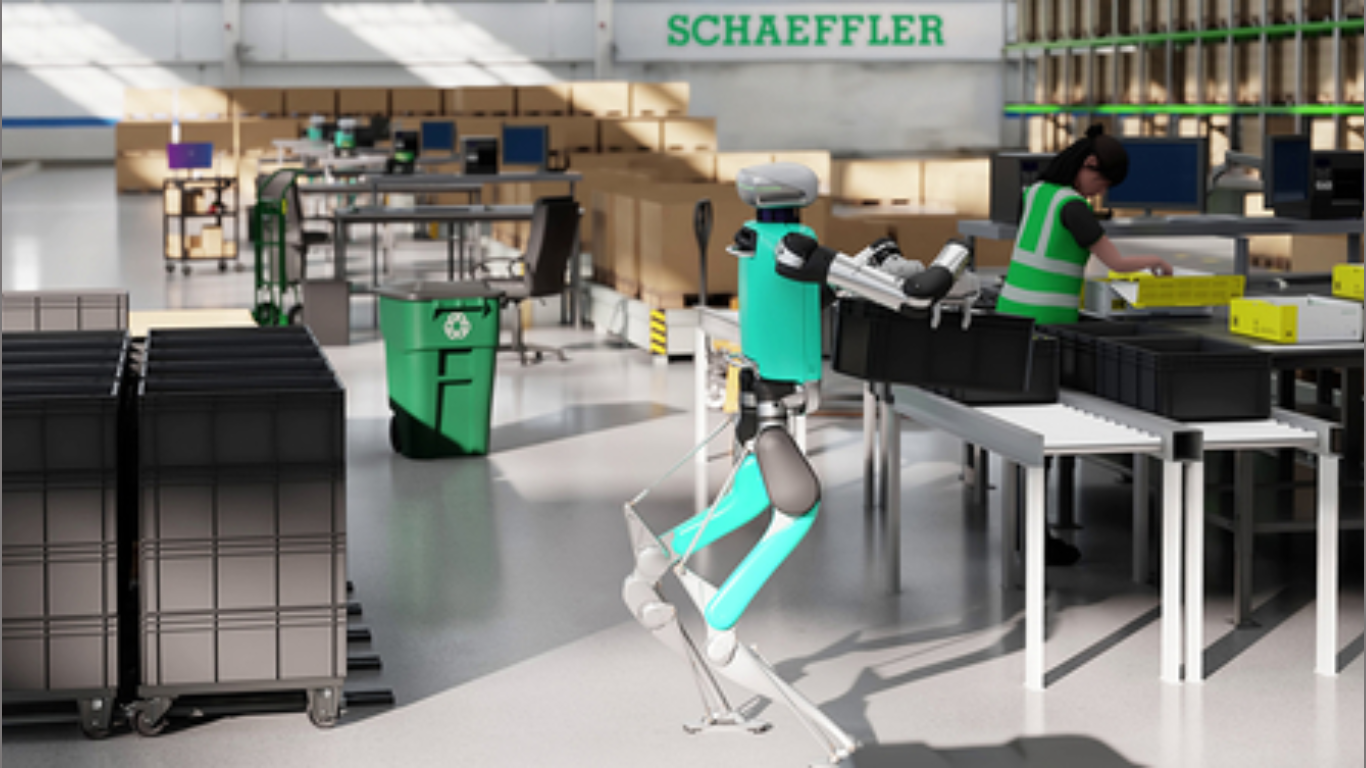 Agility Robotics’ Digit performs material handling, such as tote handling and transport to kitting and commissioning areas, in a digital twin of a Schaeffler facility (Photo courtesy: Business Wire)