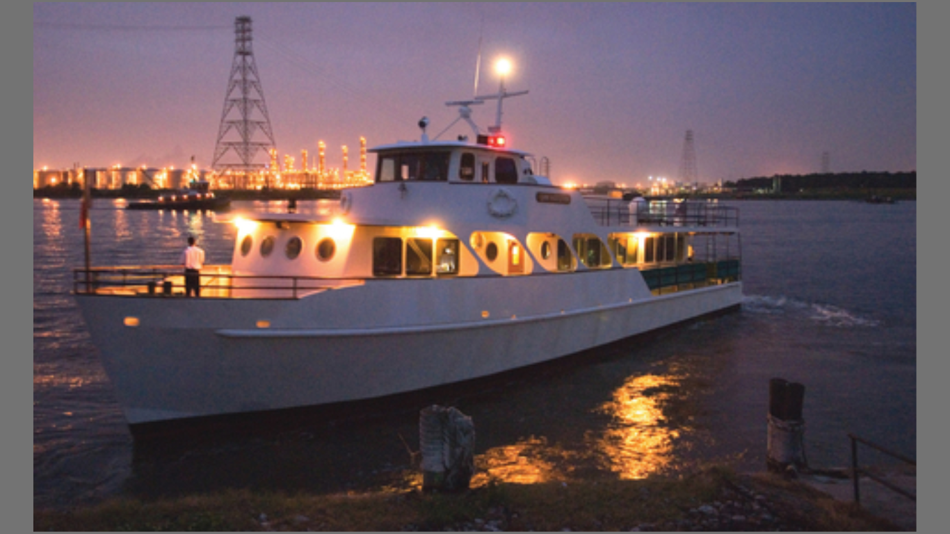 Port Houston's M/V Sam Houston is aglow in the setting sun along the Houston Ship Channel. The vessel has served the port for 67 years and has provided free tours of the waterway to approximately 30,000 visitors every year. The new ADA-compliant electric/diesel hybrid vessel is scheduled for completion in about 12-14 months (Photo courtesy: Business Wire)