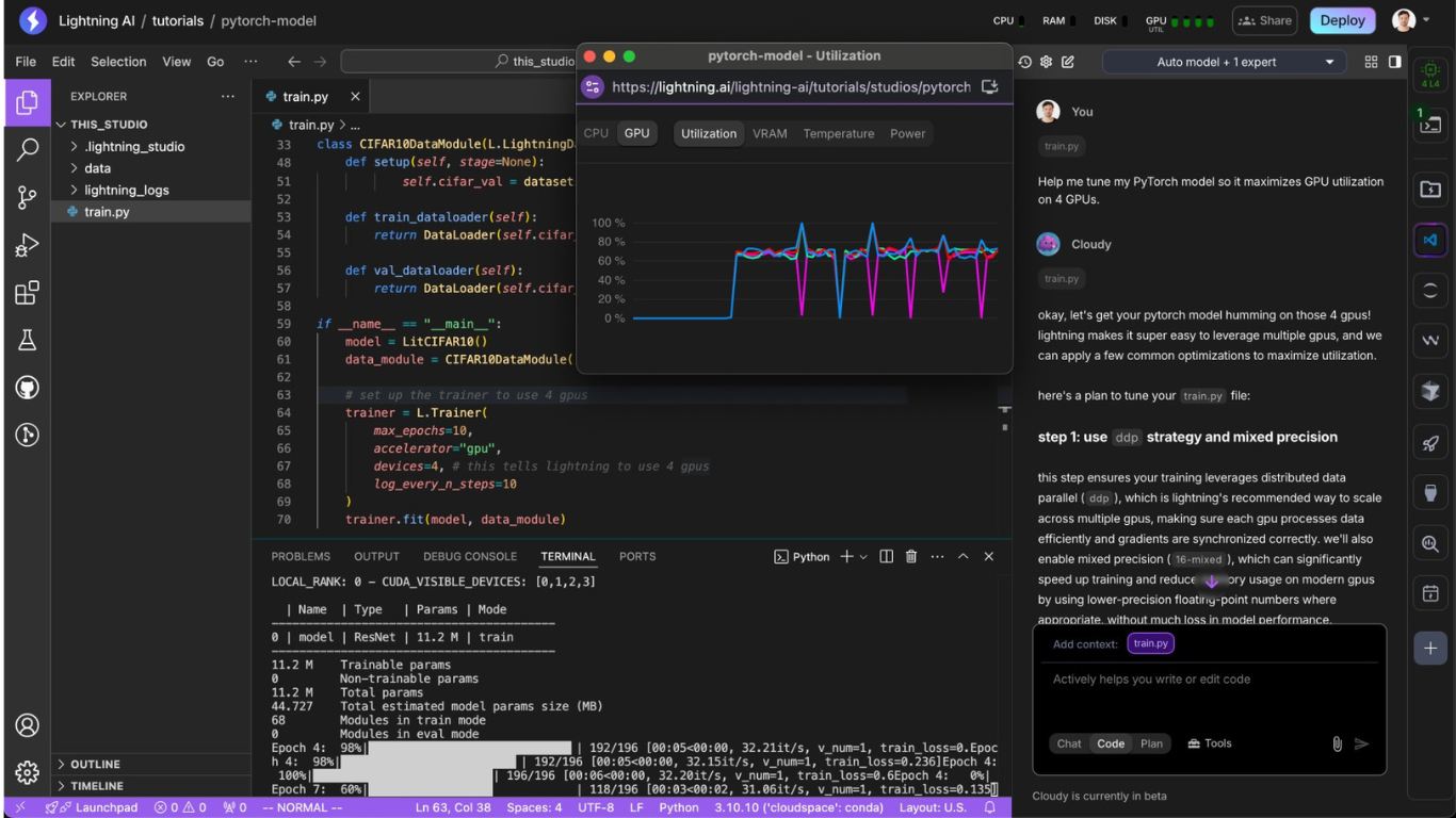 Lightning’s AI code editor where AI helps debug, train, inference & ship PyTorch on GPUs Lightning’s AI code editor where AI helps debug, train, inference & ship PyTorch on GPUs. (Image Courtesy: Businesswire)