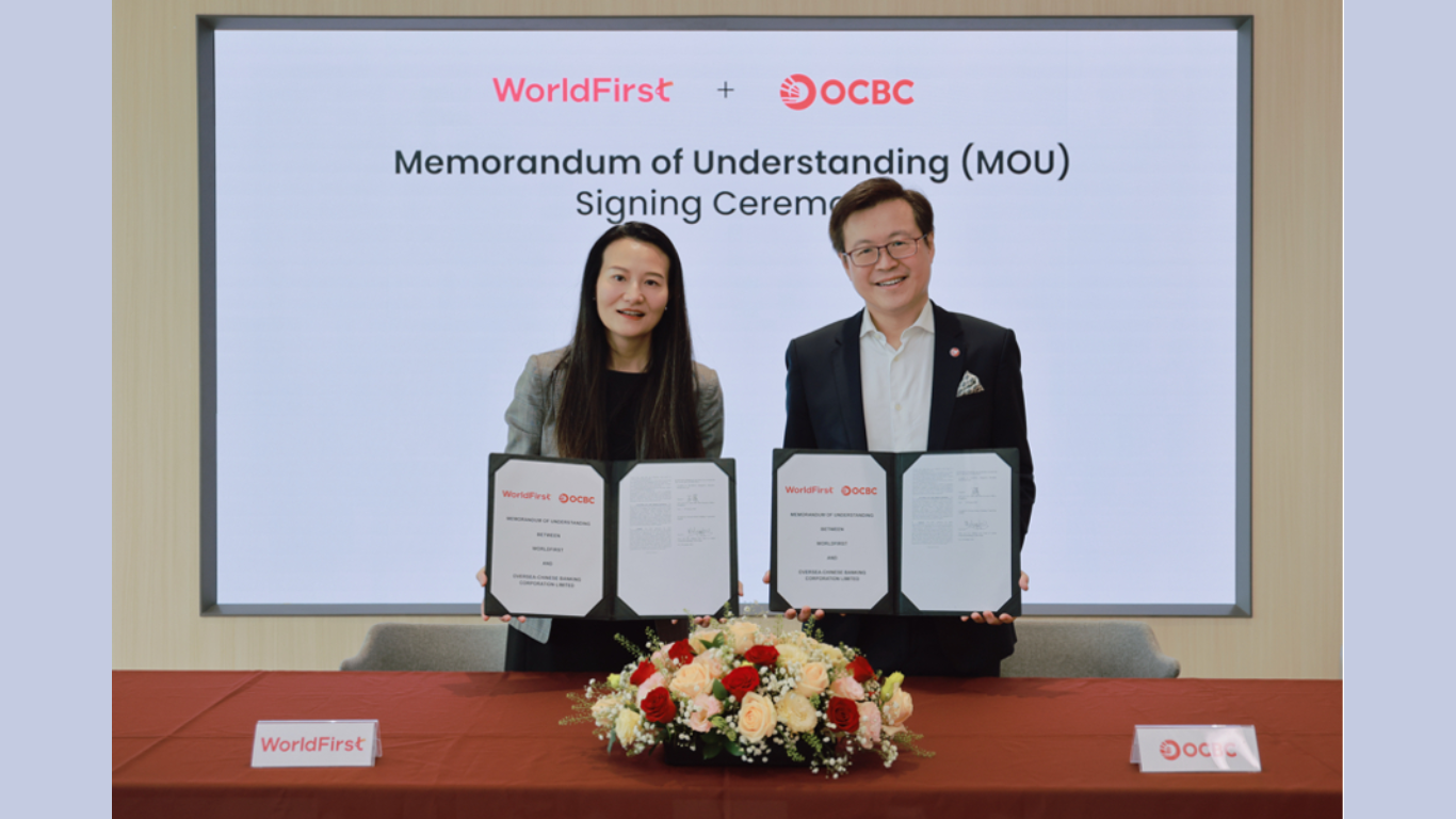 Clara SHI, Vice President of Ant International and CEO of WorldFirst, and Melvyn LOW, Head of Global Transaction Banking at OCBC, signed the memorandum of understanding (MOU) in Singapore (Image Courtesy: Business Wire)