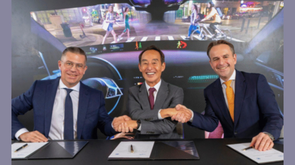 Mathias Miedreich, CEO of ZF Group; Young Sohn, Chairman of the Board of Directors, HARMAN and Senior Advisor, Samsung Electronics; and Christian Sobottka, Chief Executive Officer and President, Automotive Division, HARMAN, sign a definitive agreement for HARMAN to acquire ZF’s ADAS business – strengthening HARMAN’s leadership in software-defined vehicles and advancing a unified safety-to-experience platform for automakers worldwide (Image Courtesy: Business Wire)