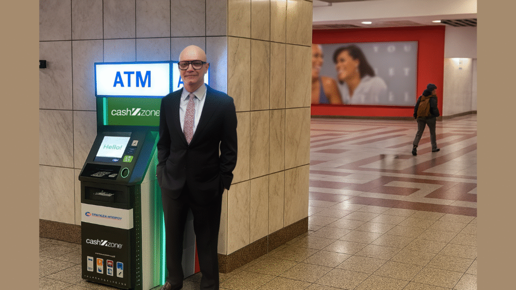 Ioannis Vougioukas, CEO of Epirus Bank, standing next to an NCR Atleos Cashzone cobranded ATM in the Syntagma Metro station in Athens, Greece (Image Courtesy: Business Wire)