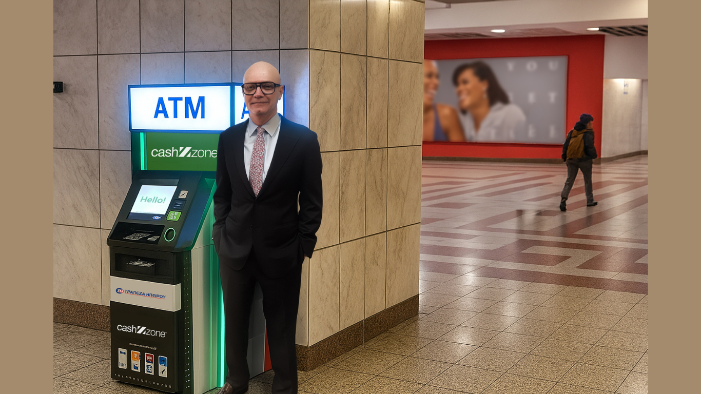Ioannis Vougioukas, CEO of Epirus Bank, standing next to an NCR Atleos Cashzone cobranded ATM in the Syntagma Metro station in Athens, Greece (Image Courtesy: Business Wire)