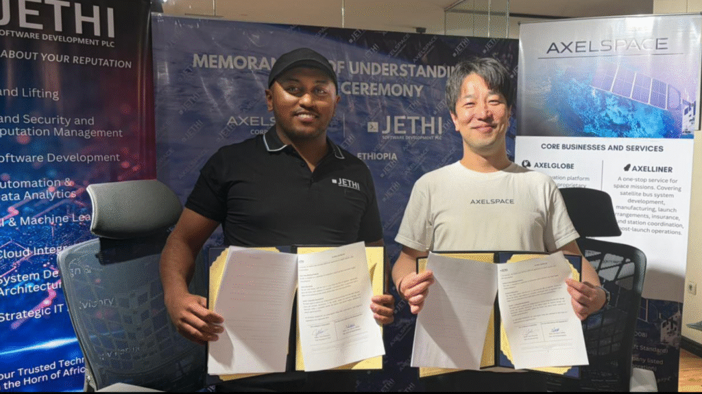 Naol Debele, Chief Executive Officer of Jethi (left), and Yuya Nakamura, President and CEO of Axelspace, at the signing ceremony on January 13 in Ethiopia (Image Courtesy: Business Wire)