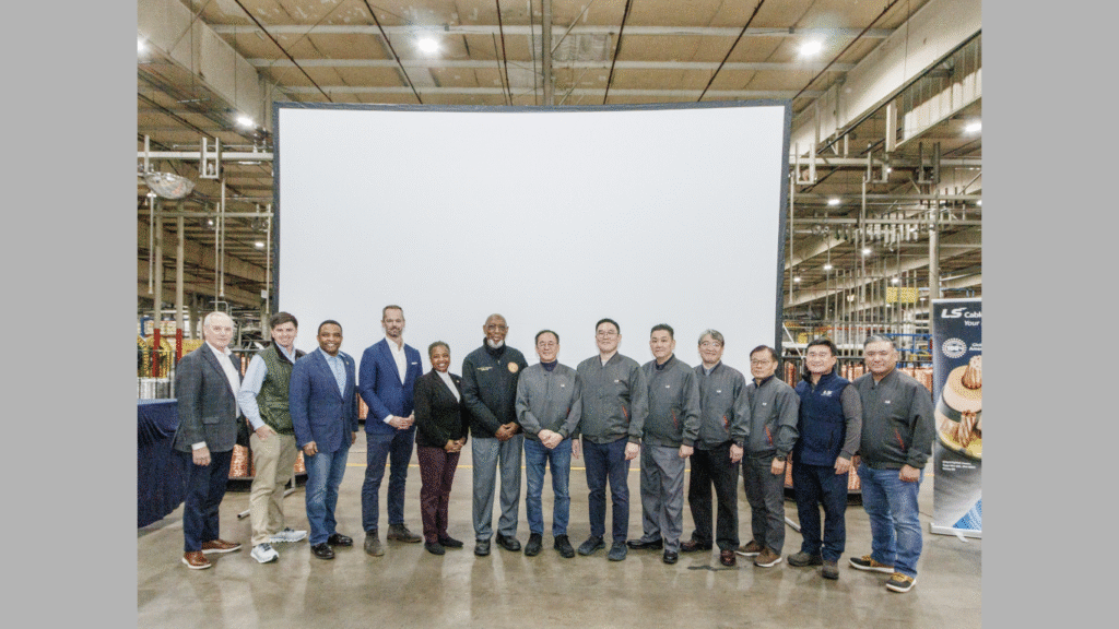 Bob Pike, President, Carolinas Gateway Partnership; Tate Mayo, Mayor of Tarboro; U.S. Congressman Don Davis; North Carolina Department of Commerce Secretary Lee Lilley; North Carolina Senator Kandie Smith; North Carolina State Representative Shelly Willingham; Gisu Kim, Regional President of North America, LS Cable & System, Ltd.; Bon-Kyu Koo, President & CEO of LS C&S; Sangho Lee, CFO of LS C&S; Hyun Chung, CEO of Gaon Cable; Taewon Son, CEO of LS Cable & System USA; Brian Hansoo Jo, Plant Director, LSCUS Tarboro; and Patrick Y. Shim, Managing Director, LS C&S (Image Courtesy: Business Wire)