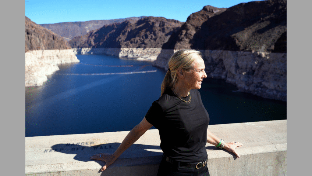 Mina Guli, Global Water Advocate and Ultra Runner, at the Hoover Dam after announcing with Grundfos the launch of "Keep the River Running" national campaign focused on protecting the American West’s economic backbone: the Colorado River (Image Courtesy: Business Wire)