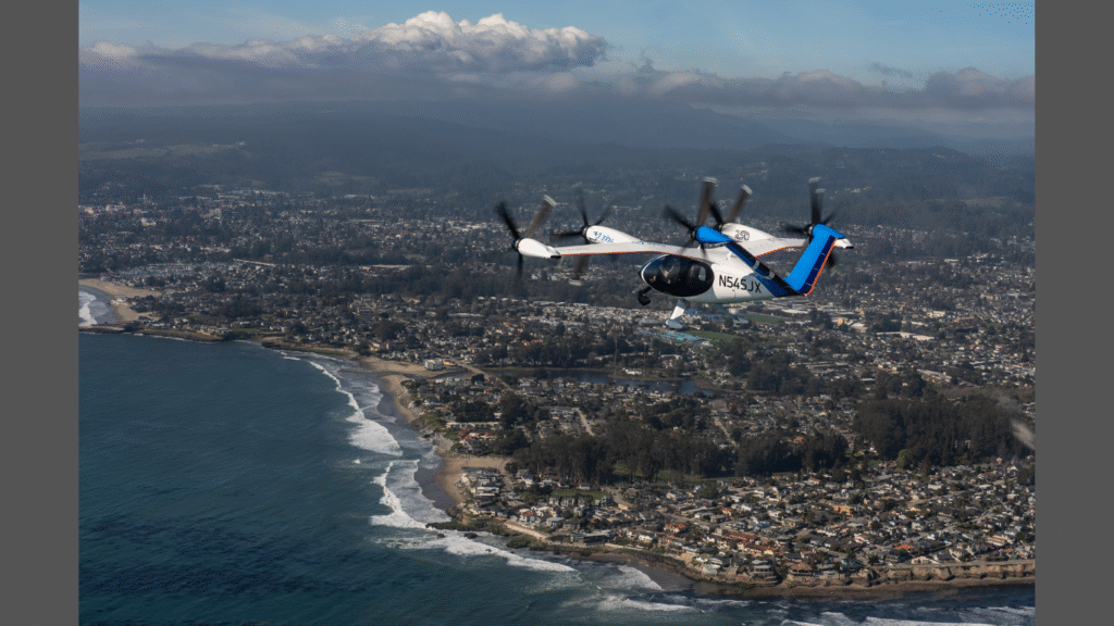 A piloted Joby electric air taxi flying over Santa Cruz, California earlier this year. (Photo: Joby Aviation)