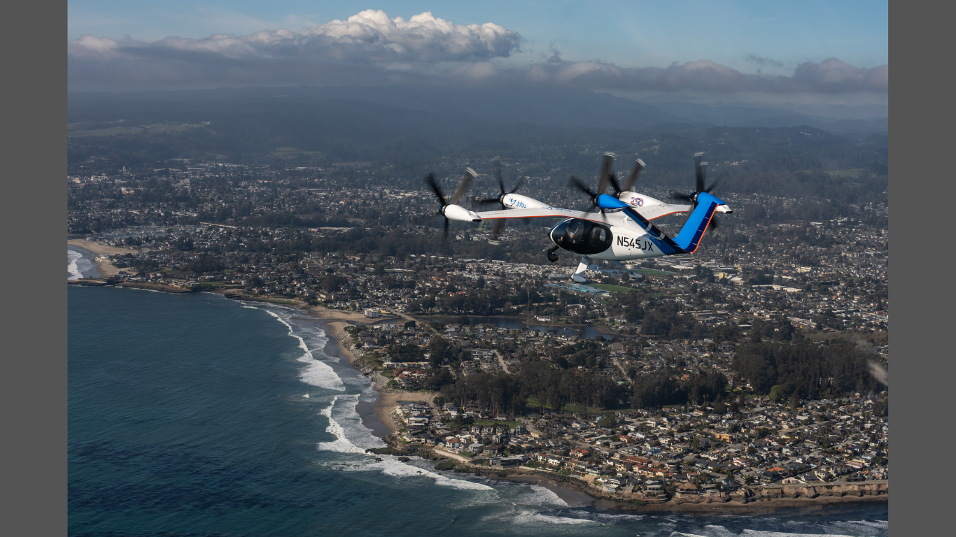 A piloted Joby electric air taxi flying over Santa Cruz, California earlier this year. (Photo: Joby Aviation)