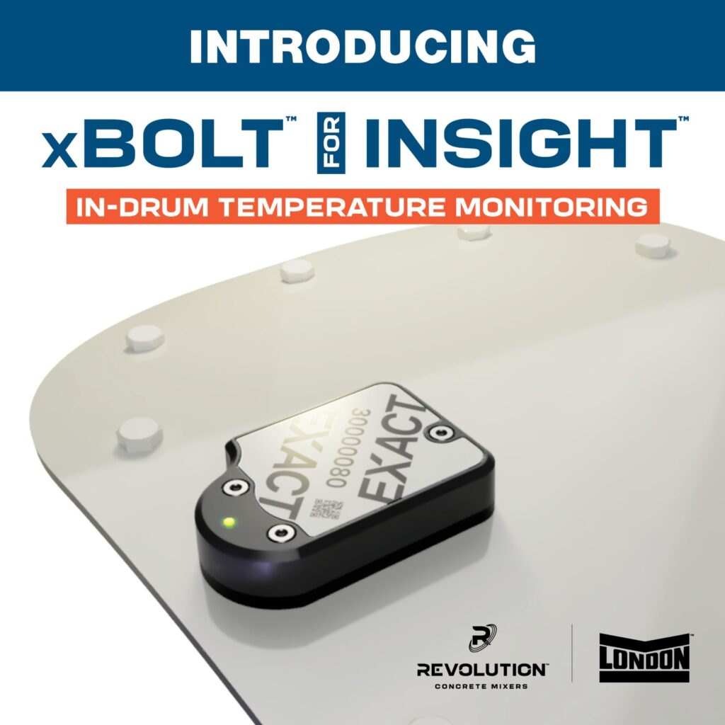 Revolution | London introduces xBOLT for INSIGHT In-Drum Temperature Monitoring, a fully integrated, wireless sensor designed to provide real-time concrete temperature visibility during transit. Engineered as a self-contained unit within a drum hatch bolt, xBOLT delivers live temperature data directly through the INSIGHT™ Mixer System—eliminating the need for third-party hardware, additional screens, or external software. The rugged, maintenance-free design is built to withstand harsh mixer environments, including washout conditions and vibration, while helping producers protect load quality, reduce risk, and make informed decisions from plant to pour. (Image credit: Business Wire)