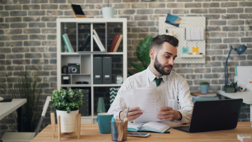 A man sitting at a desk with a laptop and papers (Image source: Unsplash)