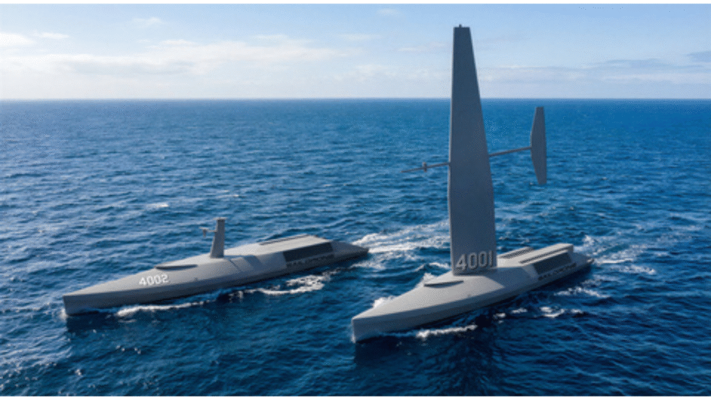 Two Saildrone Spectre variants are built around different mission needs: Spectre Silent Endurance (right) uses wing assist for extreme endurance and silent propulsion. Spectre Stealth Strike (left) meets all mUSV requirements. (Image credit: Business Wire)