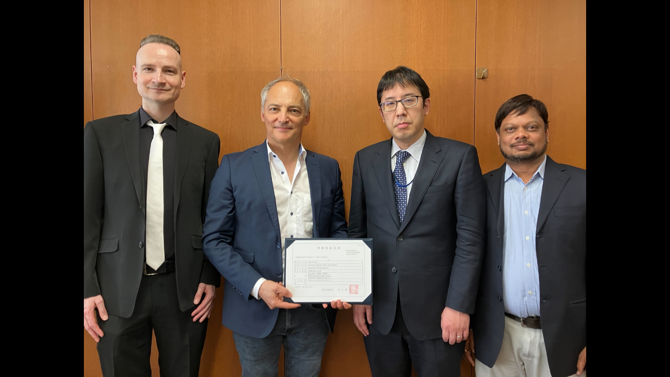 SkyDrive received the ADO certification at the Aircraft Engineering and Certification Center (AECC). From left: Harald Nagler, Head of Airworthiness and Type Certification, SkyDrive, Arnaud Coville, Chief Technology Officer, SkyDrive, Fujimaki Yoshihiro, Director of Aircraft Engineering and Certification Center, Airworthiness Division, Safety and Security Department, Civil Aviation Bureau (JCAB), Yuwaraj Dande, Manager of ADO and Process Assurance at Airworthiness and Type Certification, SkyDrive (Image credit: Business Wire)