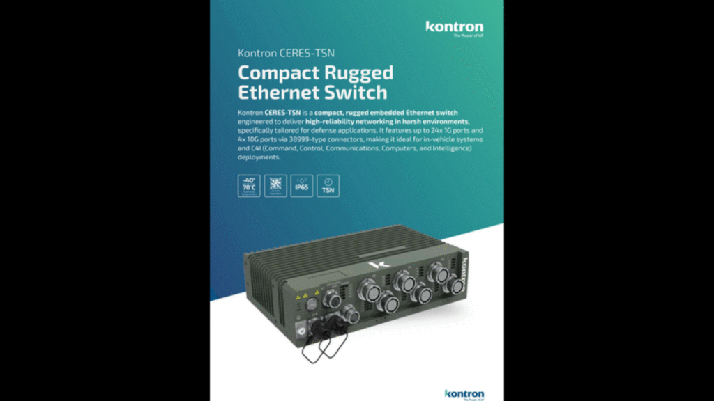Kontron CERES-TSN is a compact, rugged embedded Ethernet switch engineered to deliver high-reliability networking in harsh environments, specifically tailored for defense applications. It features up to 24x 1G ports and 4x 10G ports via 38999-type connectors, making it ideal for in-vehicle systems and C4I (Command, Control, Communications, Computers, and Intelligence) deployments. (Image credit: Busines Wire)