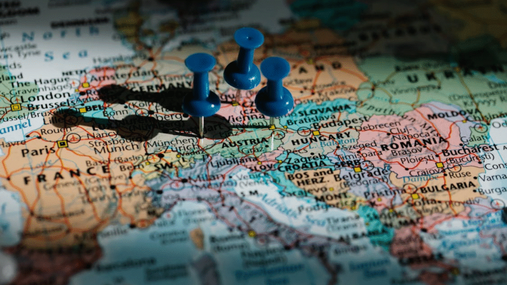 Managing Executive Transit in Central European Hubs. (IMAGE SOURCE: https://www.pexels.com/photo/blue-pushpins-on-administrative-map-of-europe-8828587/)
