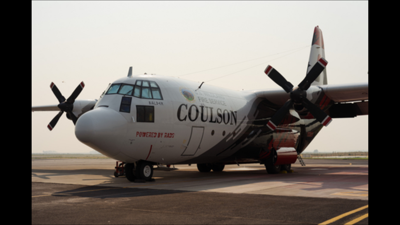 The Coulson Aviation C-130H is the first Large Airtanker placed under contract by the newly established U.S. Wildland Fire Service. Tanker 138 is equipped with the Coulson proprietary RADS-XXL retardant delivery system, carrying 4,000 U.S. gallons. (Image Credit: Business Wire)