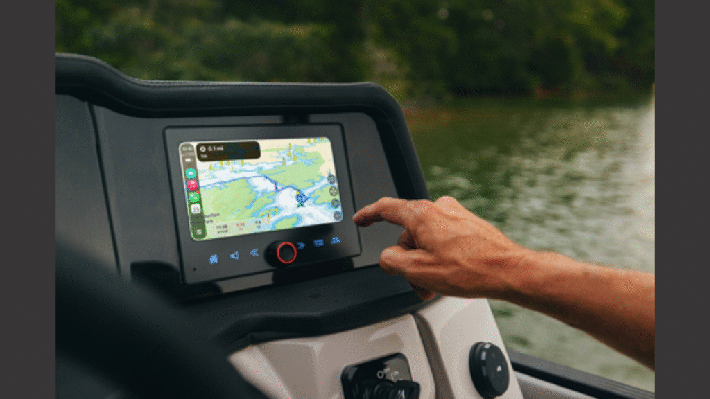 Savvy Navvy navigation displayed through Apple CarPlay at the helm of a Crest pontoon, delivering seamless on-water navigation and route planning. (Image Credit: Business Wire)