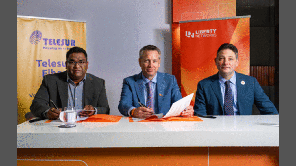 Doric Ramlakhan, CEO of TELESUR; Ray Collins, Liberty Latin America's SVP of Infrastructure and Corporate Strategy and CEO of Liberty Networks; and Carmine Sorrentino, VP & Chief Commercial Officer of Liberty Networks, during the signing of the MOU. (Image Credit: Business Wire)