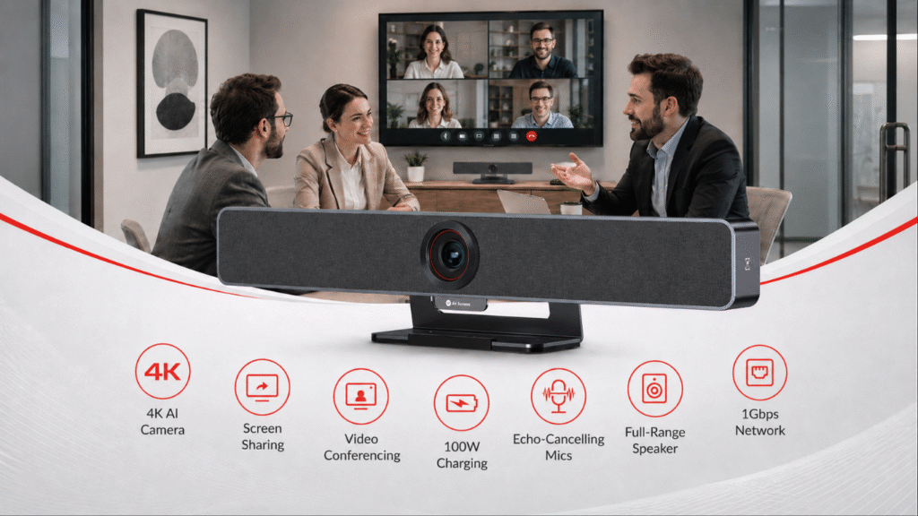 AnyCo V100 One-cable BYOM-ready Video Bar for Small Meeting Spaces: Video, Audio, Sharing, Charging, and Network — All Through One USB C Connection. (Image Credit: Business Wire)