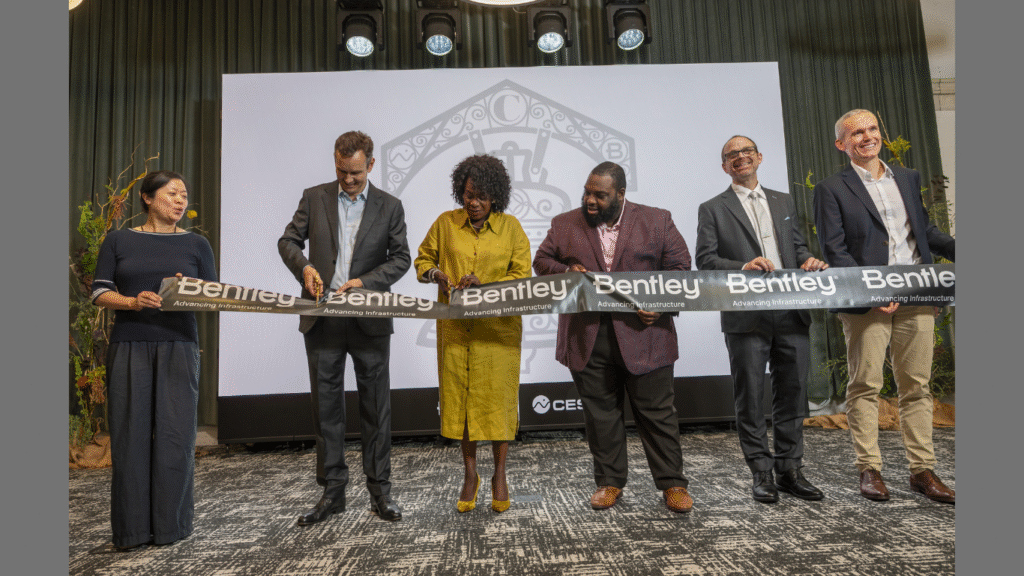 Ribbon cutting event held at Bentley Systems’ new Philadelphia, Pennsylvania office on September 3, 2026. L to R: Florence Zheng, Chief People Officer, Bentley Systems; Nicholas Cumins, CEO, Bentley Systems; Mayor of Philadelphia Cherelle L. Parker; Pennsylvania House Appropriations Committee Majority Chair Jordan A. Harris; Patrick Cozzi, Chief Platform Officer, Bentley Systems; and Julien Moutte, Chief Technology Officer, Bentley Systems (Image courtesy of Bentley Systems). (Image Credit: Business Wire)