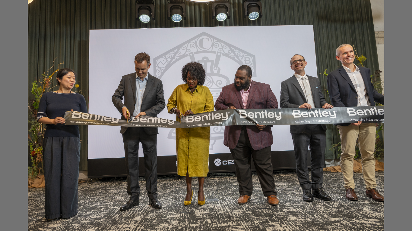 Ribbon cutting event held at Bentley Systems’ new Philadelphia, Pennsylvania office on September 3, 2026. L to R: Florence Zheng, Chief People Officer, Bentley Systems; Nicholas Cumins, CEO, Bentley Systems; Mayor of Philadelphia Cherelle L. Parker; Pennsylvania House Appropriations Committee Majority Chair Jordan A. Harris; Patrick Cozzi, Chief Platform Officer, Bentley Systems; and Julien Moutte, Chief Technology Officer, Bentley Systems (Image courtesy of Bentley Systems). (Image Credit: Business Wire)