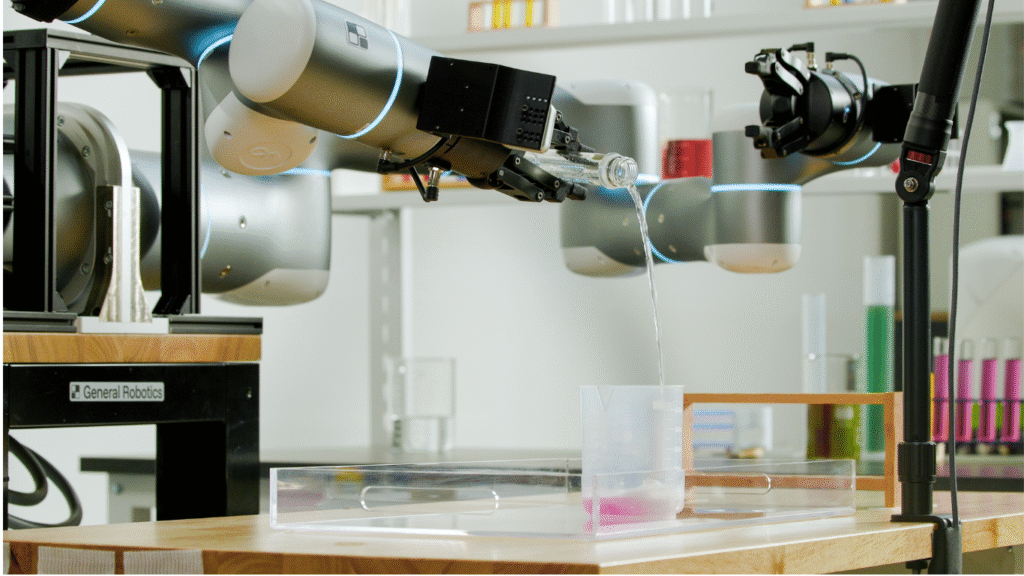 GRID, the robot intelligence platform from General Robotics, auto‑engineers the full lifecycle of a complex pouring skill — from creation and testing to deployment and real‑world evaluation in a biolab. (Image Credit: Business Wire)