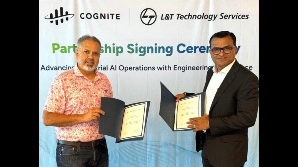 LTTS and Cognite partner to advance Engineering Intelligence with Industrial AI for asset-intensive industries. In the picture (L–R): Girish Rishi, CEO, Cognite, with Subrat Tripathy, Chief Growth Officer – Sustainability, L&T Technology Services. (Image Credit: Business Wire)
