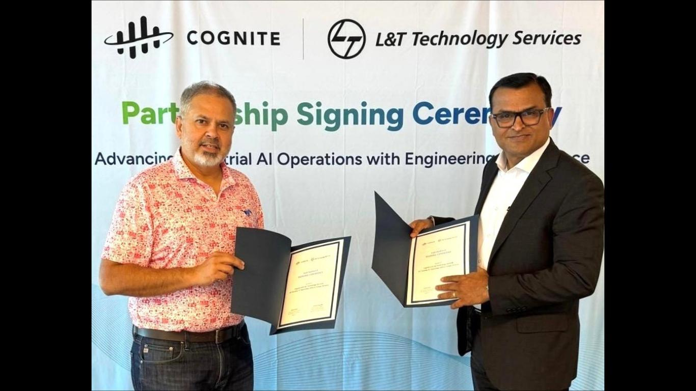 LTTS and Cognite partner to advance Engineering Intelligence with Industrial AI for asset-intensive industries. In the picture (L–R): Girish Rishi, CEO, Cognite, with Subrat Tripathy, Chief Growth Officer – Sustainability, L&T Technology Services. (Image Credit: Business Wire)