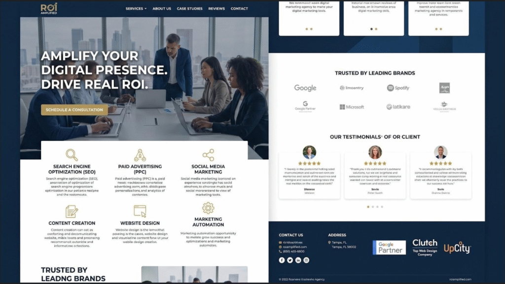 ROI Amplified Tampa live reporting marketing agency website screenshot