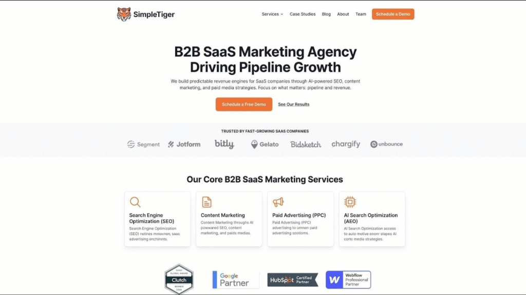 SimpleTiger B2B SaaS and AI-search marketing agency website screenshot