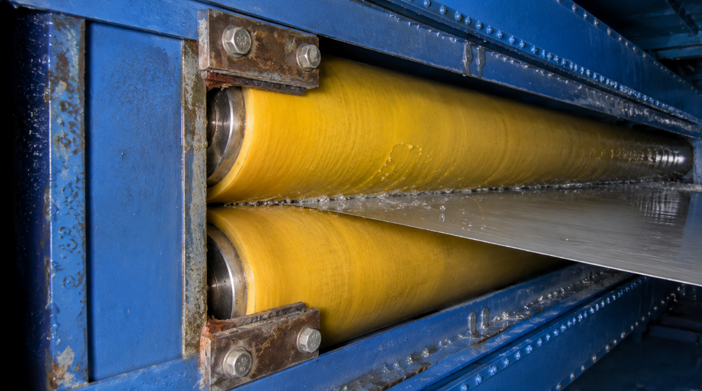 Nonwoven mill rolls Controlling Liquid Carryover on Steel Strip Lines (Image alt:Nonwoven wringer rolls contacting wet metal strip on a processing line)